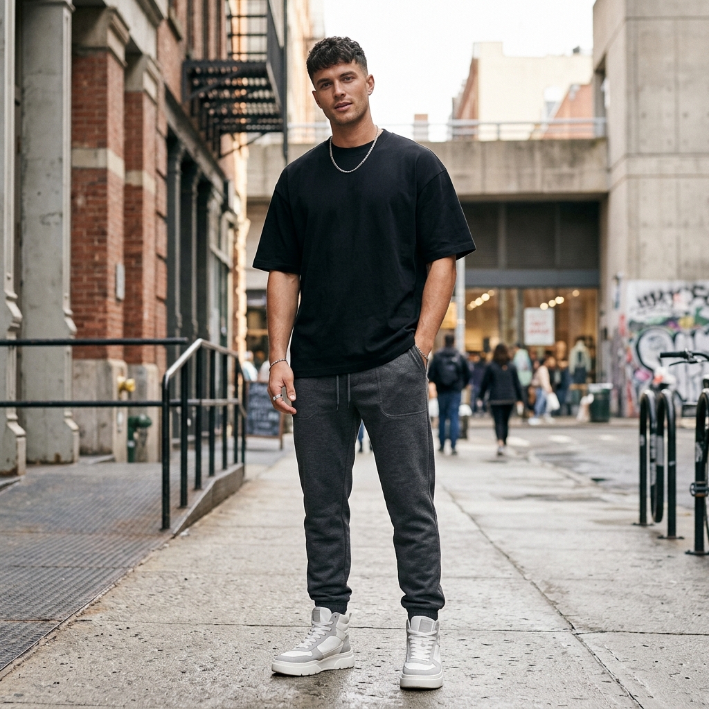 Model wearing black streetwear outfit