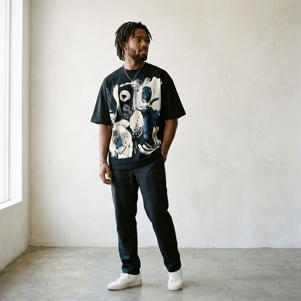 Model wearing DivoDrip oversized t-shirt