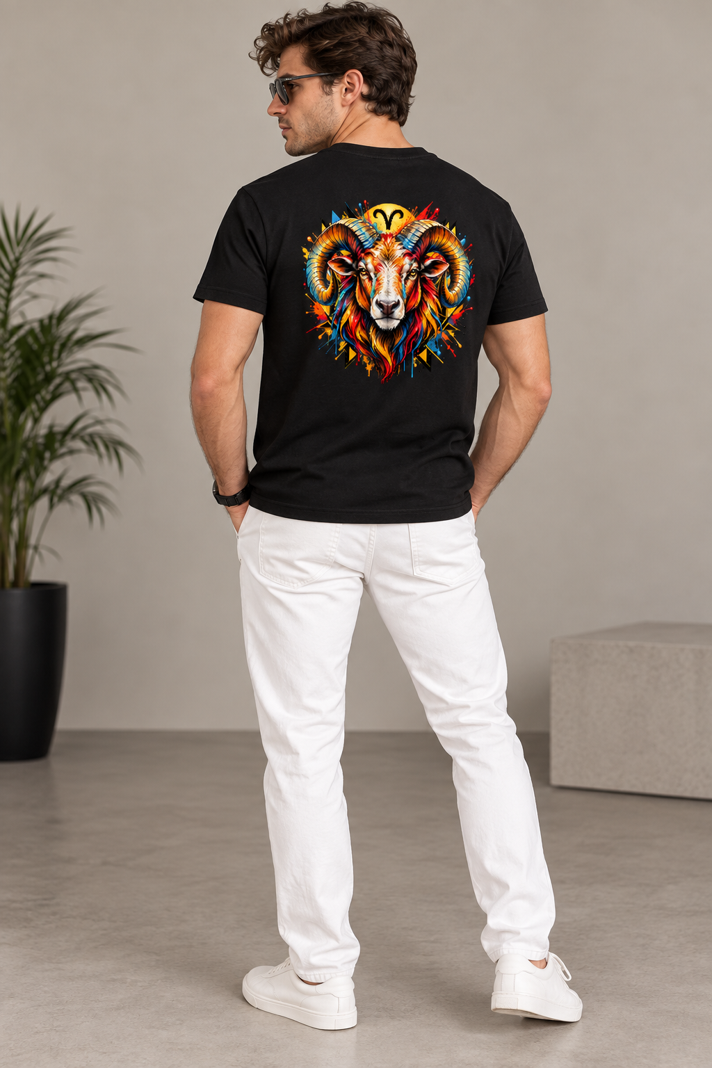Printed Crew Neck Zodiac Tee - Black