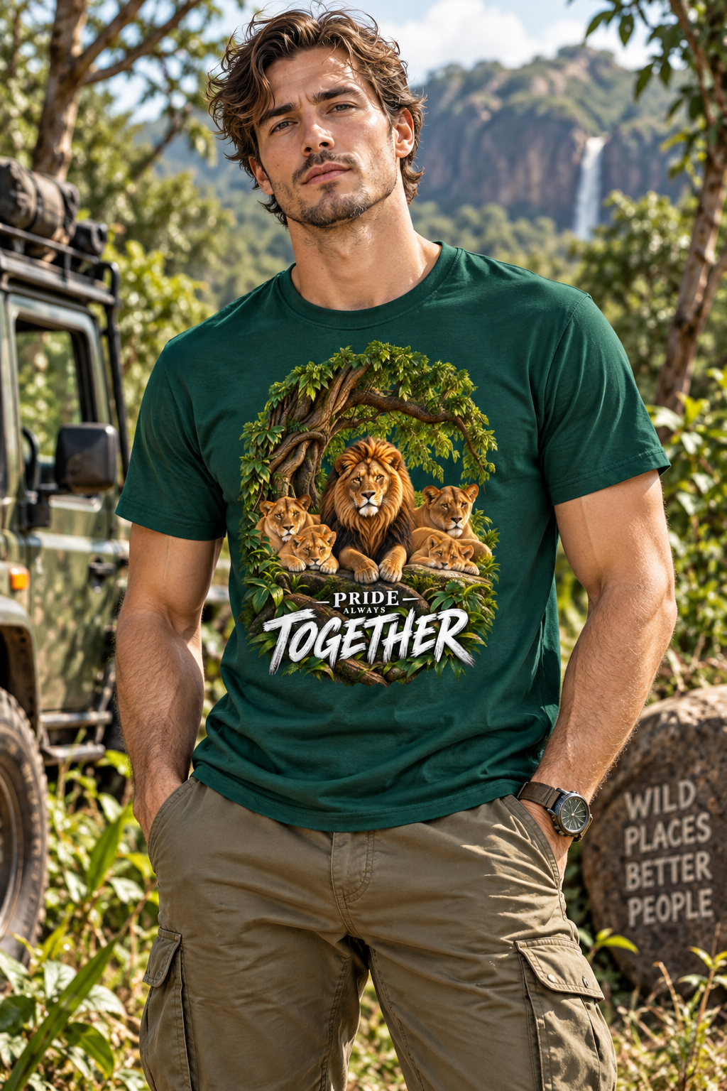 Printed Crew Neck Jungle Tee - Bottle Green