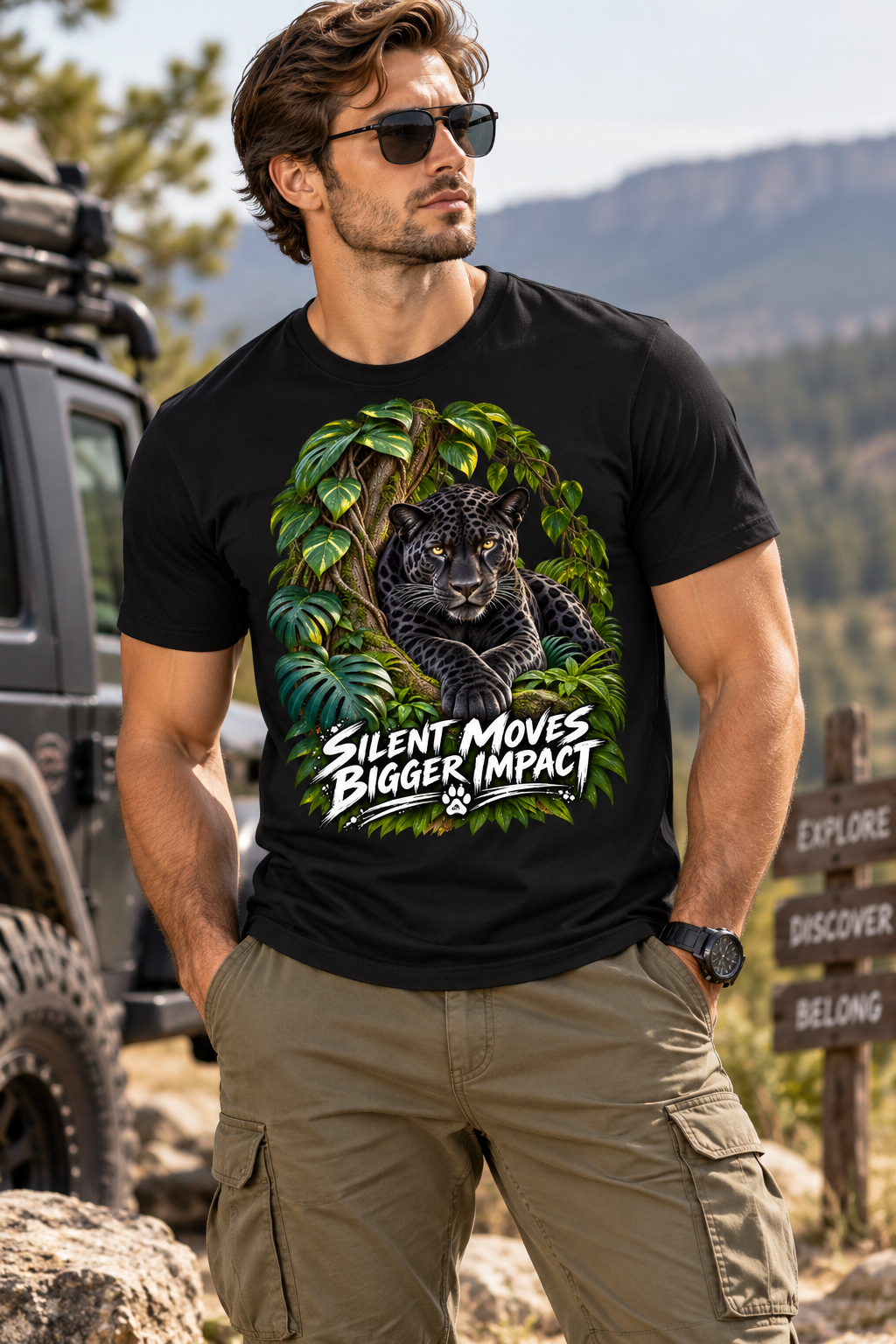 Printed Crew Neck Jungle Tee - Black