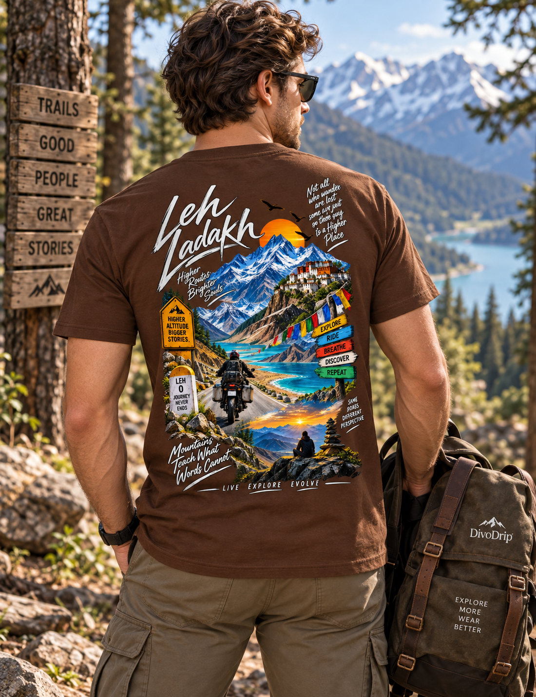Printed Crew Neck Unbound Tee - Brown