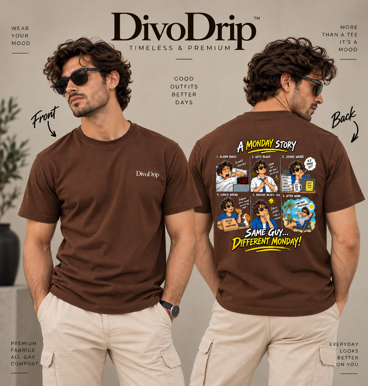 Printed Crew Neck Tee - Brown