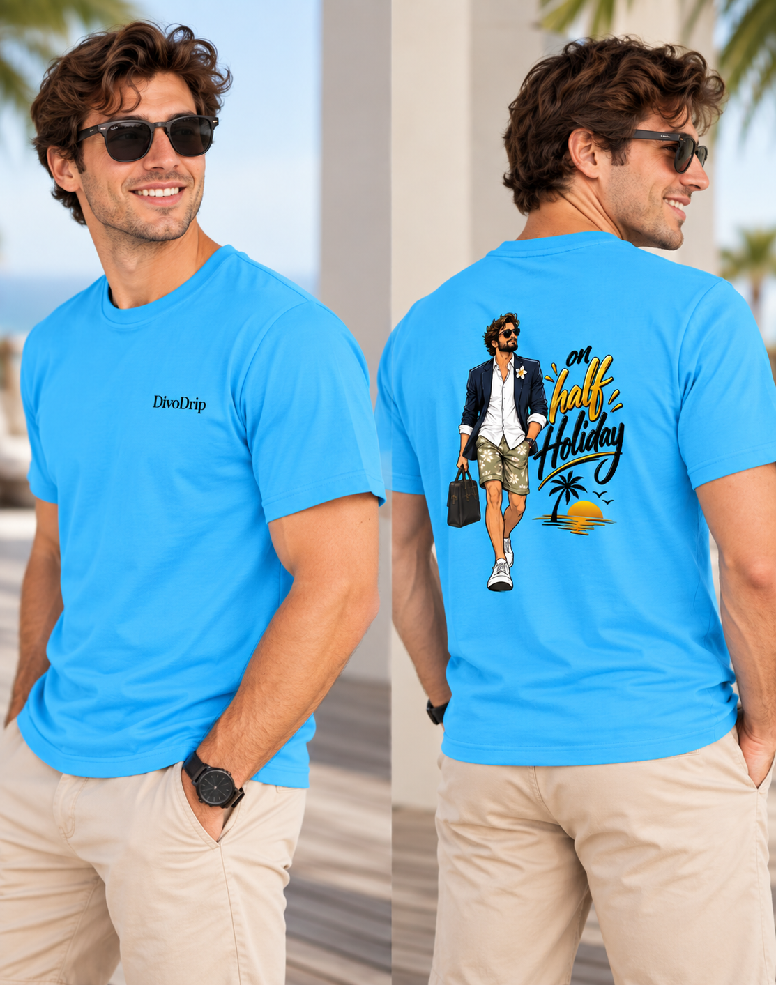 Printed Crew Neck Tee - Sky Blue