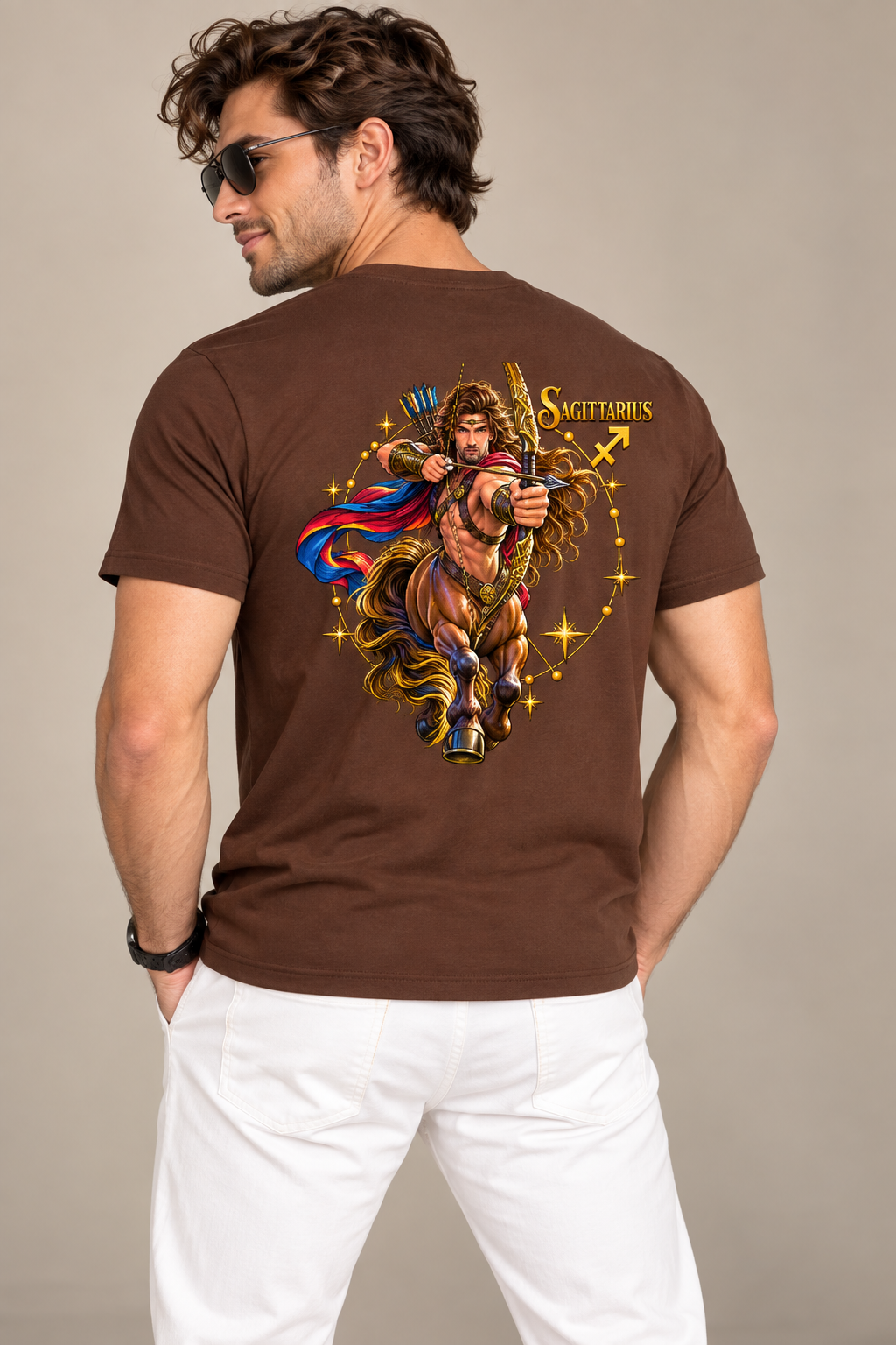 Printed Crew Neck Zodiac Tee - Brown