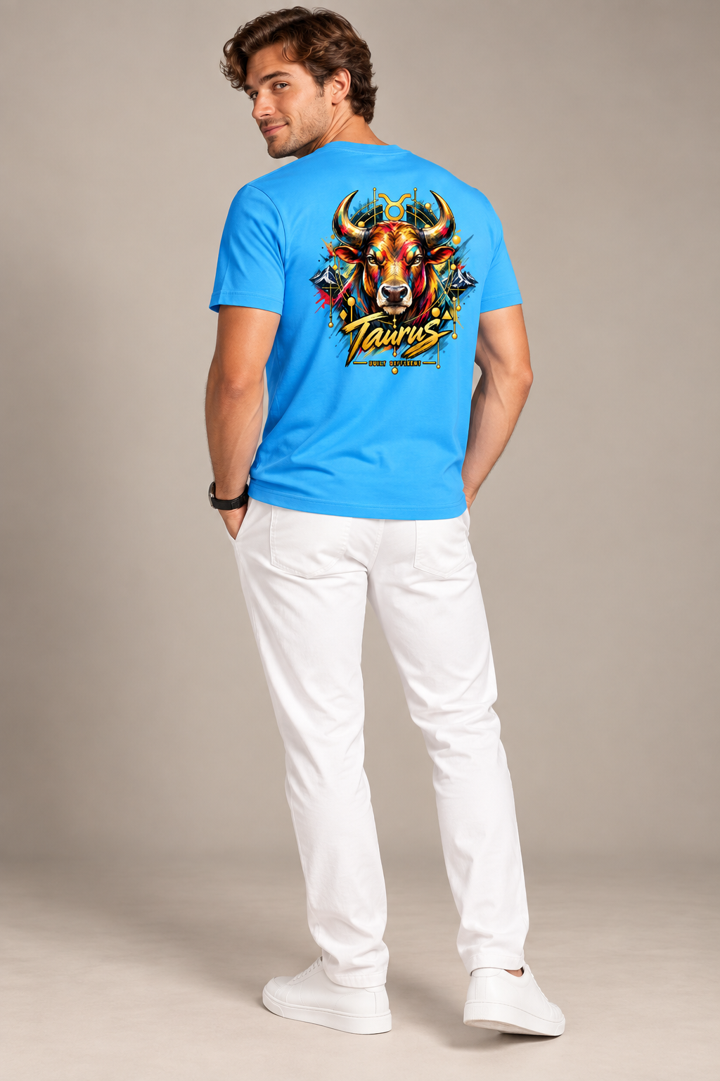 Printed Crew Neck Zodiac Tee - Sky Blue